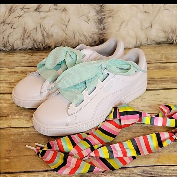 PUMA White Leather Sneakers with Two Sets of Laces Size 9 - Picture 2 of 9